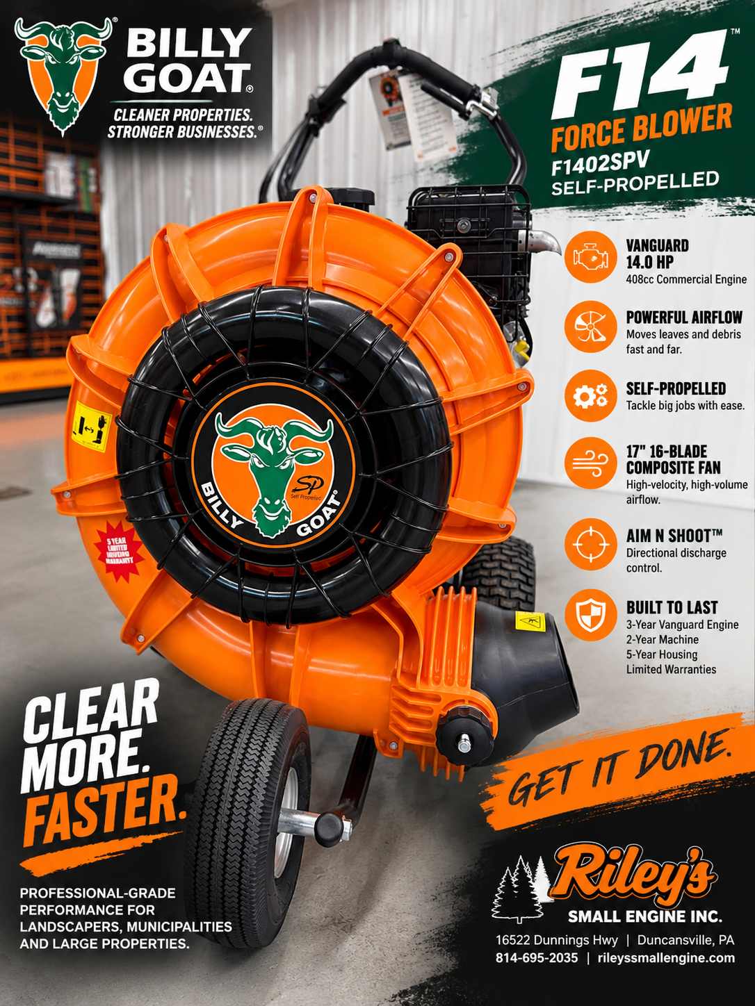 Billy Goat F1402SPV F14 Force Blower – 14 HP Vanguard – Self-Propelled